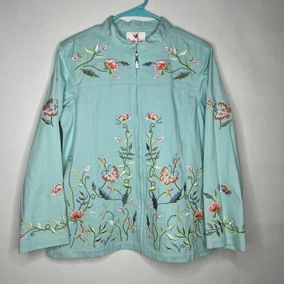 Quacker Factory Aqua Blue Floral Butterfly Embroidered Jacket Women’s Medium M - Image 1 of 4