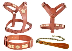 Juego de arnés de cuero tostado Staffy para perro cadena plomo latón cara de perro ajuste cómodo - Imagen 1 de 6