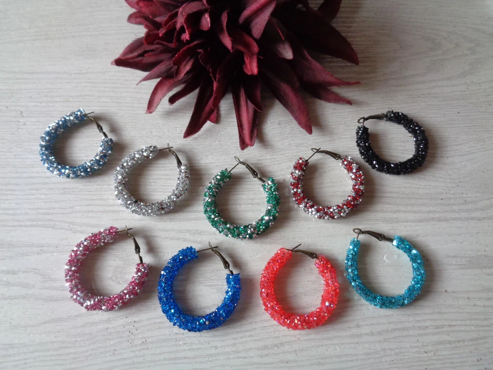 Ohrcreolen bronze 3,5cm  mit Strass-Stein/Pailletten  9 versch. Varianten - Bild 1 von 1