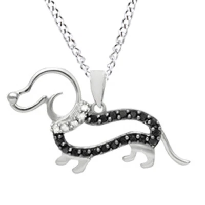 1/4 Ct Round Black & White Natural Diamond Dachshund Pendant Sterling Silver Foto 1 de 3