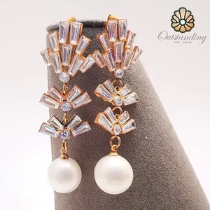 Real Stunning 10mm Natural White Sea Pearl Drop Earrings Sparkling Crystals - Picture 1 of 15