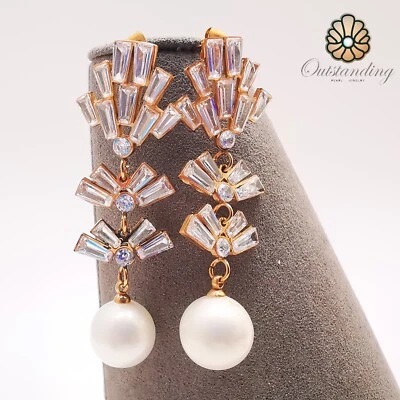 Real Stunning 10mm Natural White Sea Pearl Drop Earrings Sparkling Crystals - Image 1 of 4
