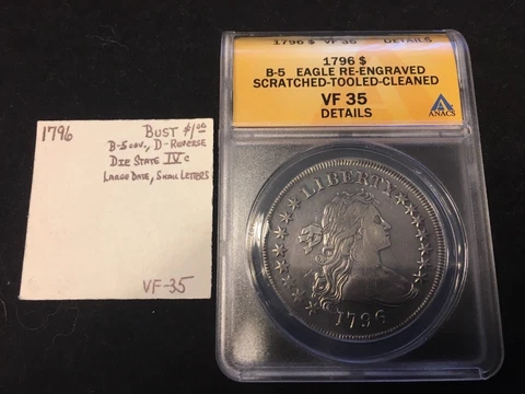 1796 Draped Bust $1.00, Small Eagle Reverse, ANACS VF35 Details, 223 Years Old!! Cover