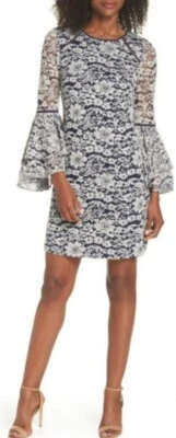 Vestido CHELSEA 28 Layla azul branco floral renda mangas sino feminino 0 pequeno 0P - Imagem 1 de 4