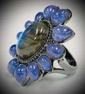 Meher's Jewelry 29.69ctw Black Rhodium Tanzanite & Labradorite Gem Flower Ring - Picture 1 of 4