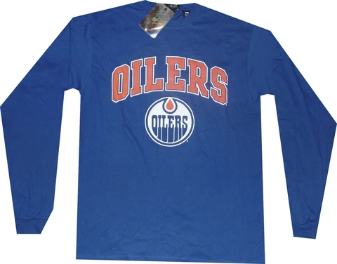 Edmonton Oilers Long sleeve Throwback Arch Logo Blue Shirt by Gear Clearance! Cover