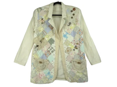 Abrigo Chaqueta Edredón Vintage Antiguo Hecho a Mano Lino Floral Bloque Encaje Estate Grande Foto 1 de 4