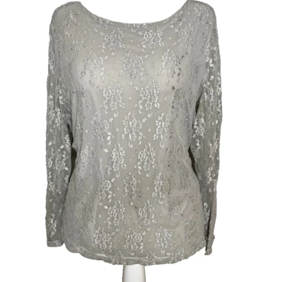 Dialogue Gray Blouse XL Silver Lace Overlay Sparkle Fairy Coquette Business NWT - Изображение 1 из 4