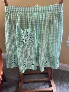Vintage Green White Gingham Check Half  Apron Cross Stitch Stars Cotton Pocket - Picture 1 of 9