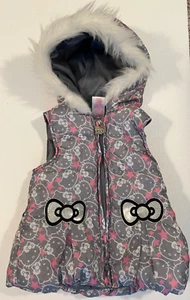 Hello Kitty Hoodie Vest Puffy Zipper Girls Size 5 Faux Fur Trim Pink Gray - Picture 1 of 14