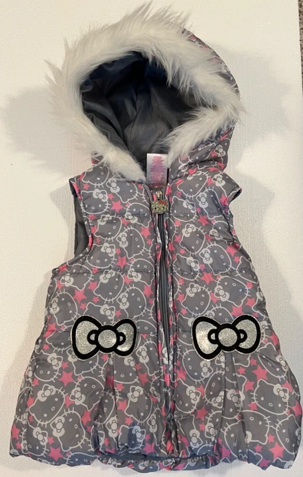 Chaleco con Capucha Hello Kitty Niñas Talla 5 Puff Cremallera Imitación Piel Borde Rosa Gris Exterior Foto 1 de 4