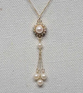 10k Massiv Gold Original Diamant Halo Perle Quaste Anhänger Halskette - Bild 1 von 10