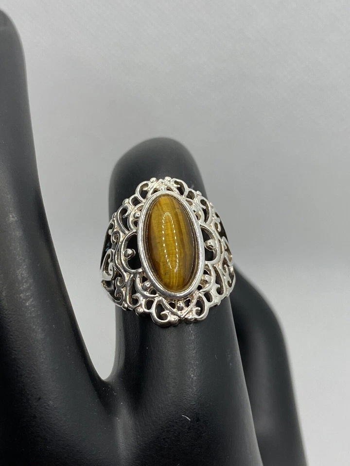 Anillo de plata de ley 925 naranja ojo de tigre talla 6 Foto 1 de 4