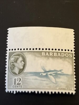 Barbados 1954 12c QEII Flying Fish Sc-242 azul-marrón oliva E1 Foto 1 de 2