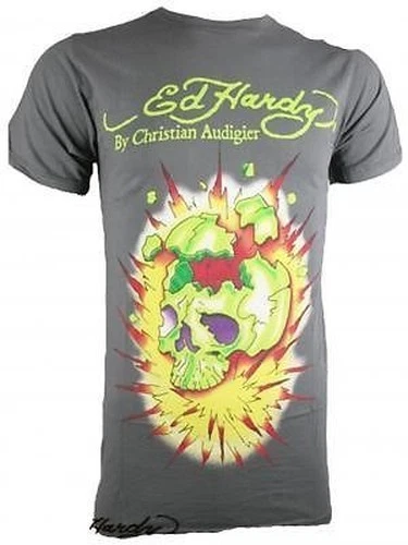 Ed Hardy por Audigier de Hombres Camiseta Explotando Calavera Gris/Negro Nuevo - Imagen 1 de 1