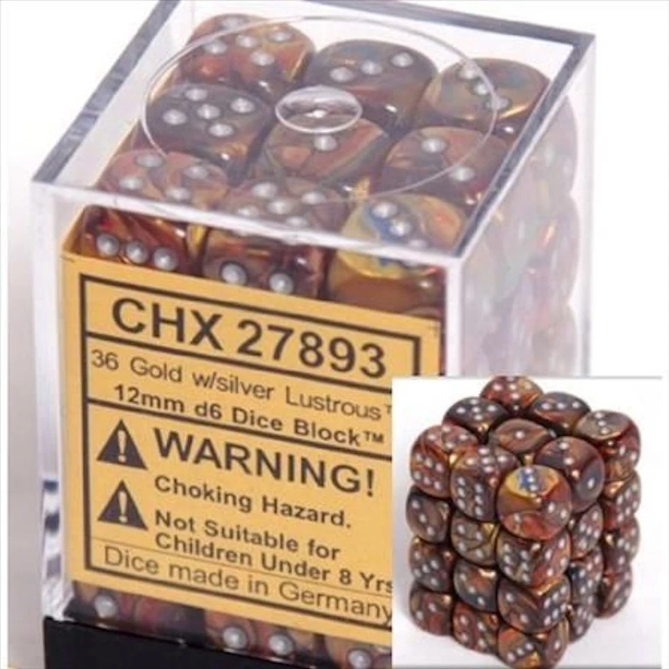 CONJUNTO DE DADOS CHESSEX LUSTROUS 12mm 36 D6 ouro e prata para Pokemon MTG Warhammer - Imagem 1 de 1