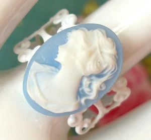Vintage Style Blue & White Adjustable Filigree Ring antique cream cameo oval - Picture 1 of 1