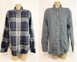 (2) Lot American Eagle Shirt XL X Large 50” Button Casual Striped Plaid Blue - Picture 1 of 11