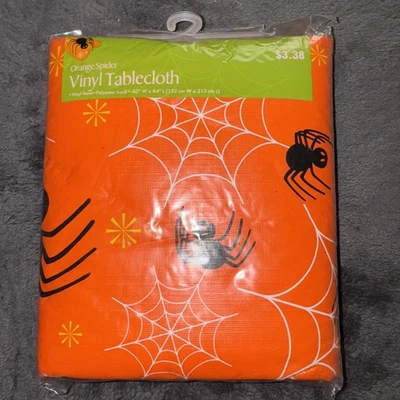 Vintage Vinyl Halloween Tablecloth Orange Black Spiders & Web Design 60 x 84" - Image 1 of 3
