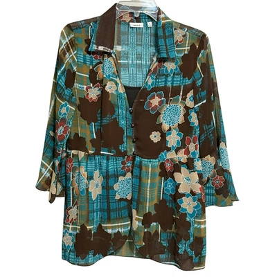 Nicola Womens Sheer Teal and Brown Floral Tunic - Size Medium - Image 1 of 4