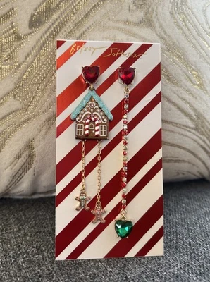 New! Betsey Johnson Jingle Bell Bling Gingerbread House Girl Boy Earrings - Image 1 of 3