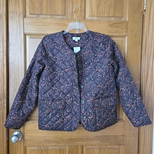 Croft Barrow Quilted Jacket Coat Size Medium Mid-weight Button Up Floral Orange - Picture 1 of 12