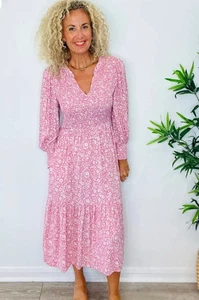 WYSE Pink Midi Dress 12 40 Floral Smocked Puff Sleeve Wedding Occasion Romantic - Picture 1 of 11
