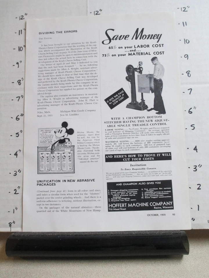 Revista Anuncio 1935 MICKEY Mouse Tienda Exhibición Bolsillo Peine Dibujos Animados Disney Foto 1 de 1