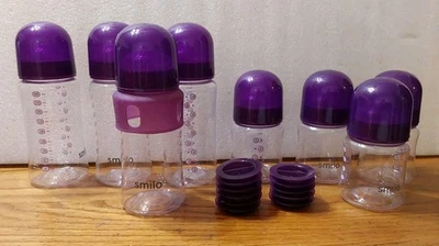 Smilo Baby Bottle Feeding Set Purple 4x 10oz 4x 5oz Nipples Lids Stoppers - Image 1 of 4