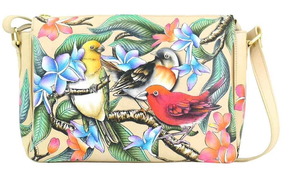 NUEVO - BOLSO BANDOLERA ANUSCHKA PINTADO A MANO - AMIGABLE REBAÑO PÁJAROS Foto 1 de 1