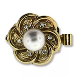 23K Gold Plated Box Clasp-Flower W/ White Pearl & Swarovski Crystals - Picture 1 of 1