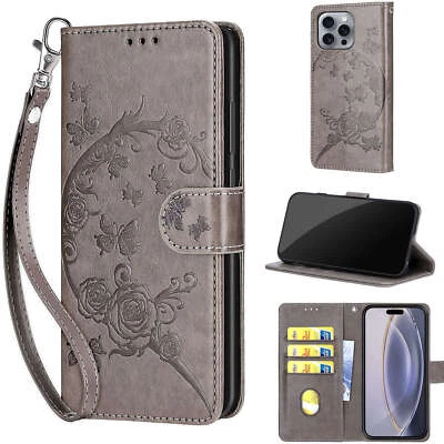 Butterfly Leather Wallet Case For Various Phone Flip Stand Cover Hot Women Girl - Image 1 of 4