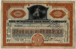 Certificado de acciones de Scranton Electric Company Pennsylvania Power Orange - Imagen 1 de 1