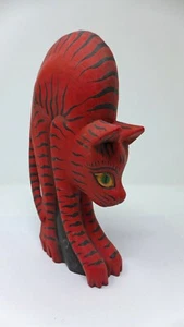 Indonesian / Balinese Handcrafted Large Wooden Red Striped Cat Arching Statue - Picture 1 of 4