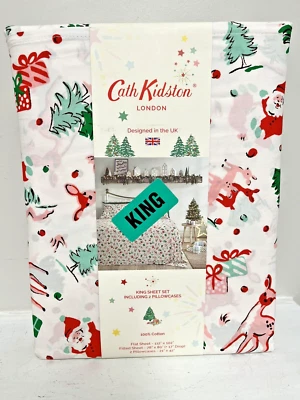 Cath Kidston London Ditsy Deer Holiday Christmas 4 Pc KING Sheet Set Cotton NEW - Image 1 of 4