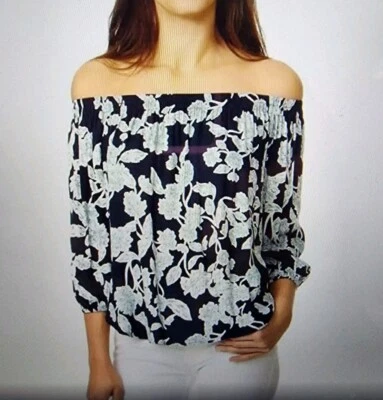 Espléndida Blusa Top Floral Fuera del Hombro para Mujer Pequeña Azul Marino Manga 3/4 NUEVA Foto 1 de 4