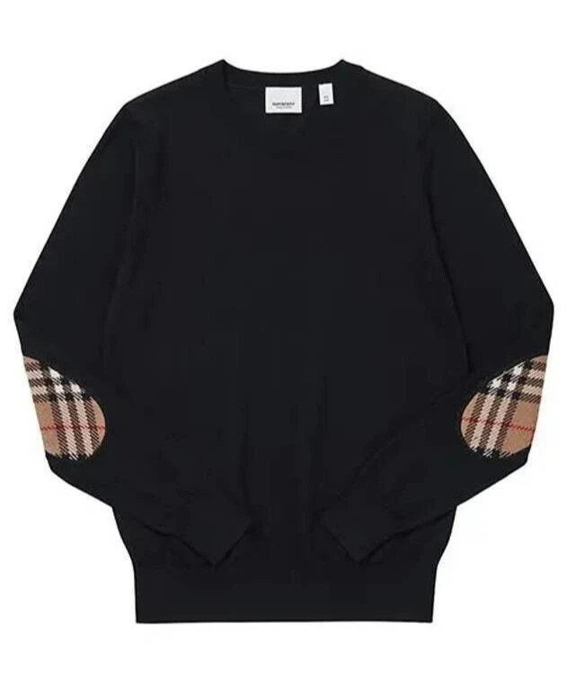 BURBERRY BEMPTON BLACK MERINO WOOL ELBOW CHECK PATCHES PULLOVER SWEATER M
