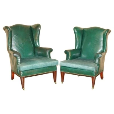 PAIR OF ANTIQUE VICTORIAN ORIGINAL GREEN LEATHER UPHOLSTERY WINGBACK ARMCHAIRS - Image 1 of 4