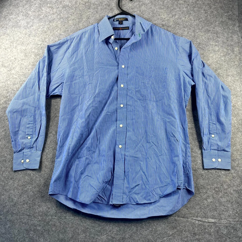 Tommy Hilfiger Mens Button Up Shirt Long Sleeve Medium Blue Striped Cotton Logo - image 1 of 4