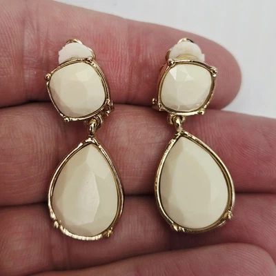 Tahari ClipOn Dangle Earrings Gold Tone Ivory Faceted Teardrop Statement Jewelry - Image 1 of 4