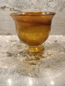 Vintage Hand Blown Honey Amber Glitter Swirl Art Glass Bowl 7 in. - Picture 1 of 4