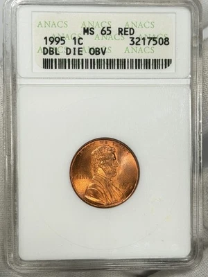 1995-P 1c Lincoln Penny ANACS MS65 One Cent US Coin SOAP BOX DOUBLE DIE DBL OBV - Image 1 of 4