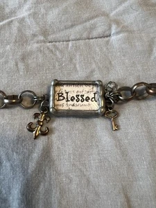 Blessed Pendant Silvertone Dangle Link Bracelet - Picture 1 of 4