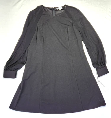 Calvin Klein long illusion sleeve round neck trapeze black event dress NWT Sz 14 - Image 1 of 4