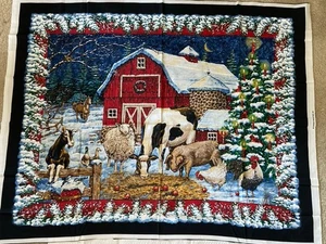Vintage Weihnachten Stoff Panel Schnee Scheune Tiere Landhaus Küche - Bild 1 von 1