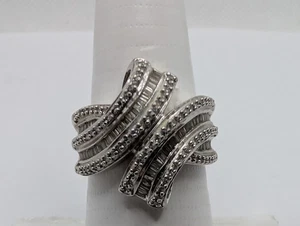 Anillo SUN de plata de ley 925 baguette y diamantes de corte redondo talla 7 - Imagen 1 de 13