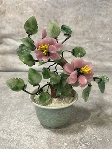Vintage Jade Rose Quartz Bonsai Tree with Pink Flowers Celadon Pot Approx 7”x7” - Picture 1 of 10