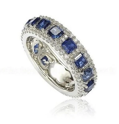 Full Eternity 14K White Gold Halo Blue Asscher Cut CZ Stone Wedding Bridal Band - Image 1 of 3