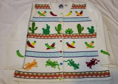 Suéter de Colección Para Mujer Libro de Cuentos Tejido Southwest Lagarto Chile Cactus Talla L Foto 1 de 4