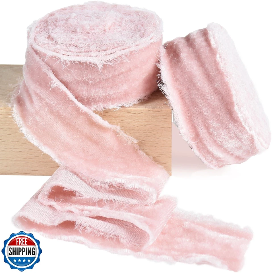 RIBBOOO 2 Rolls Light Pink Velvet Ribbon - 1 1/2 Inch Handmade Frayed Silk Ve - Image 1 of 4